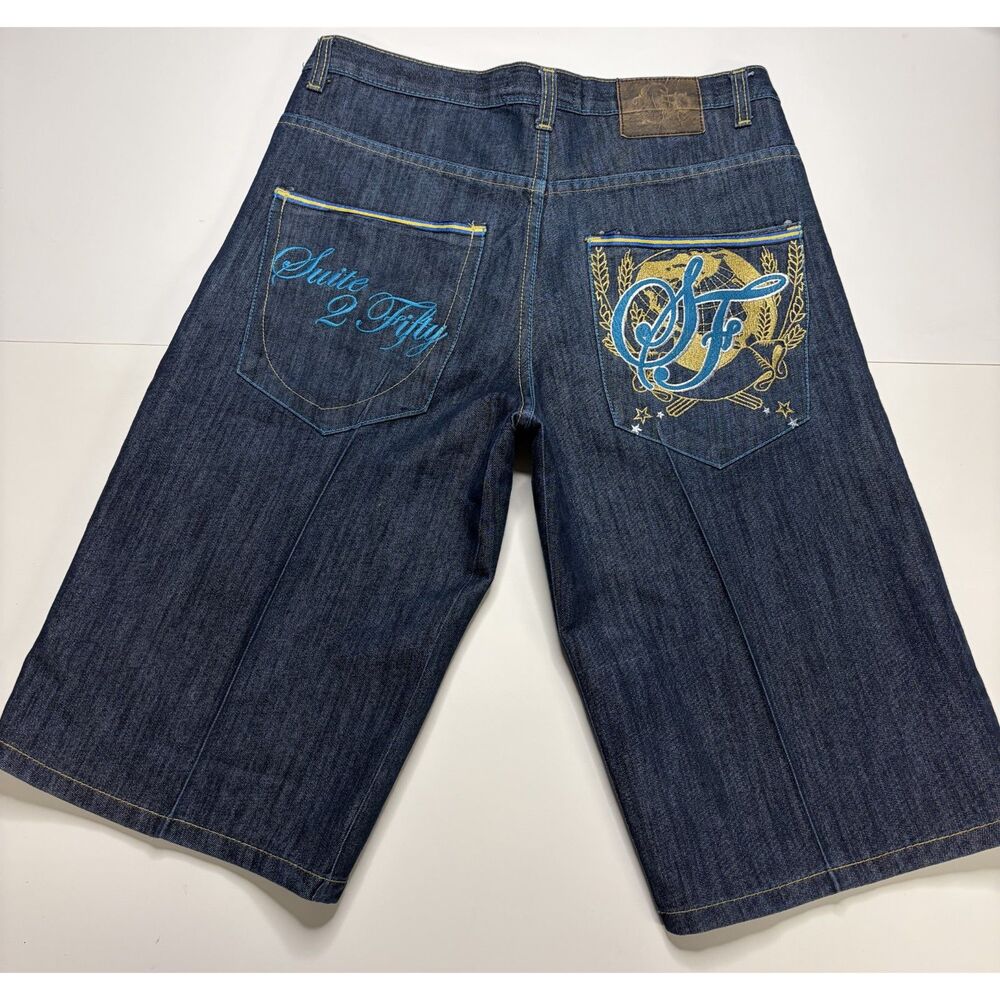 Suite 2 Fifty Embroidered Jorts Yellow Blue Stitching 34 Mens Y2k